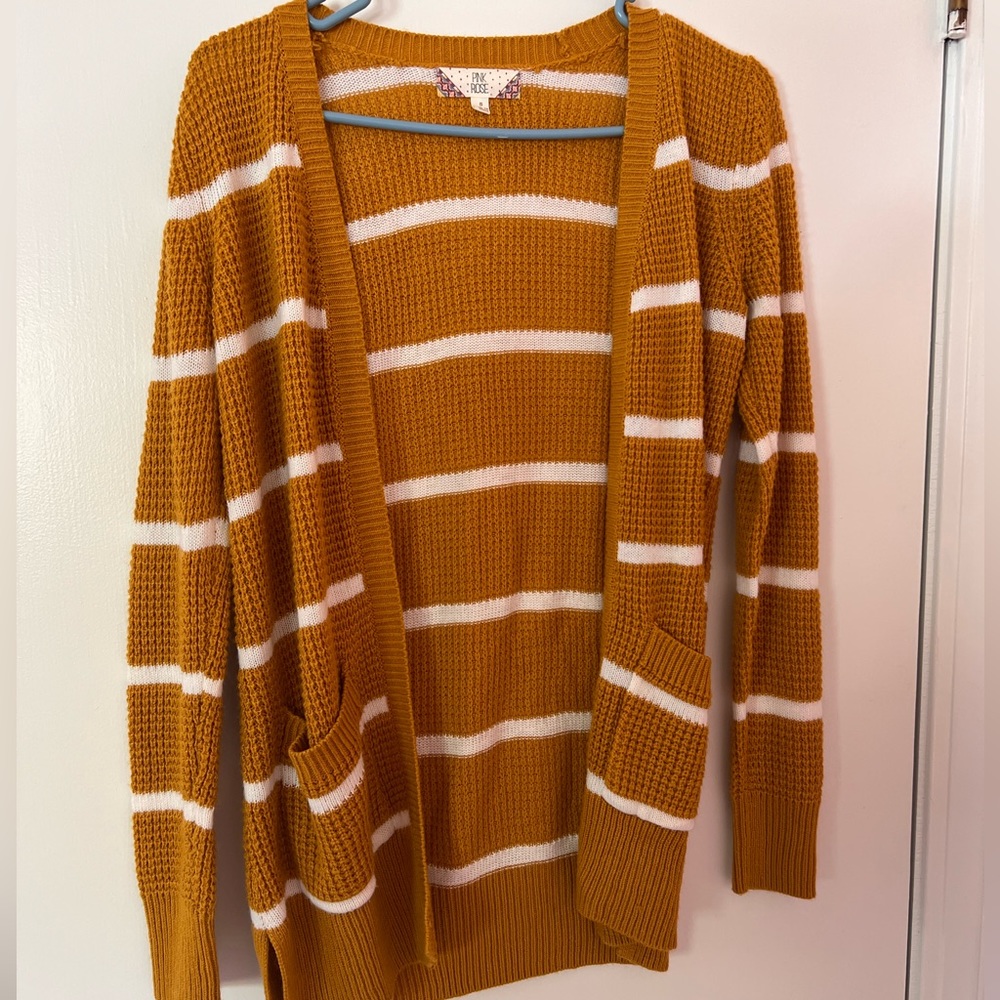 Mustard and white striped cardigan.